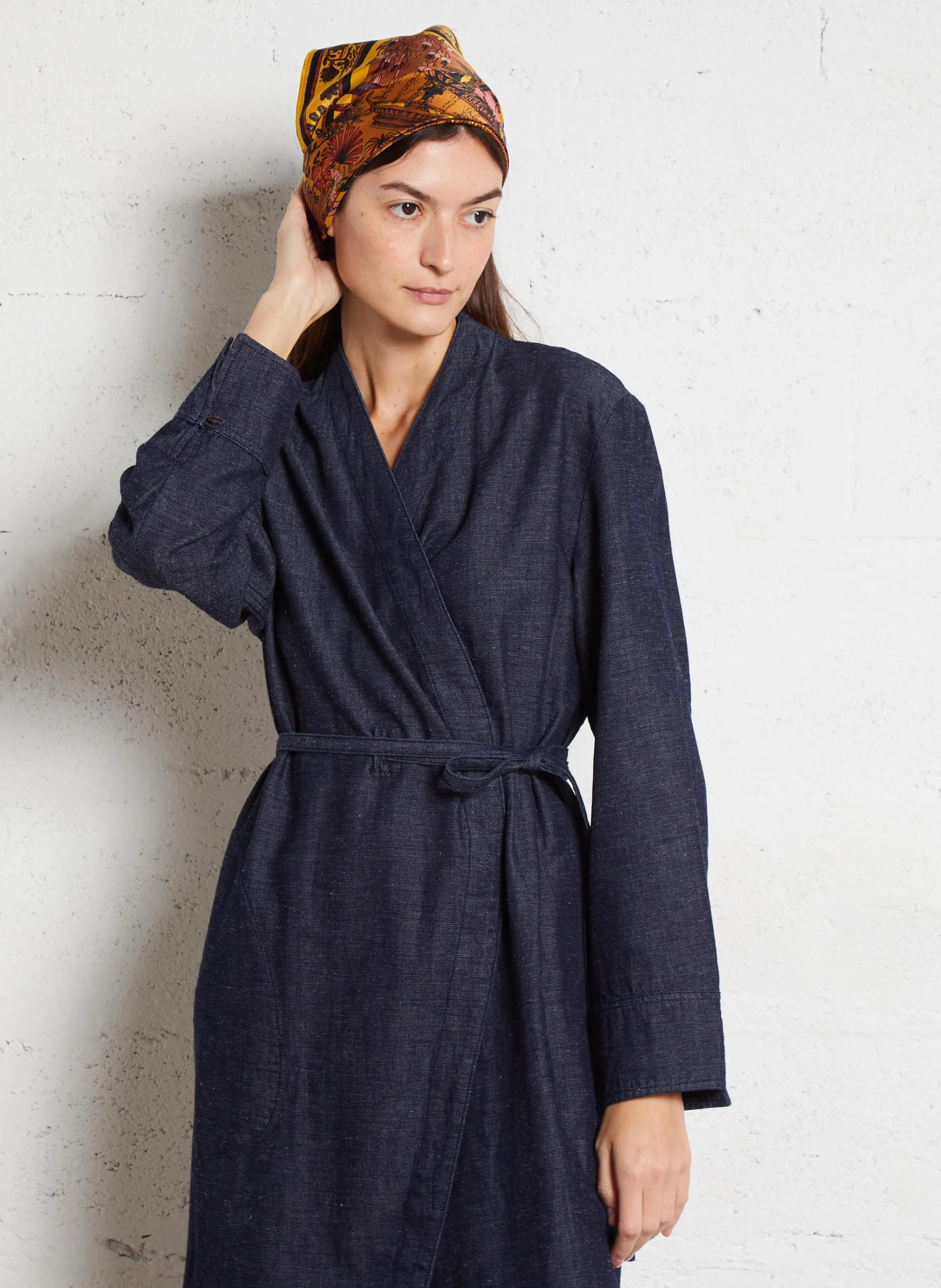 CARLA - Vestido kimono con cuello en V de algodón mezclado en azul